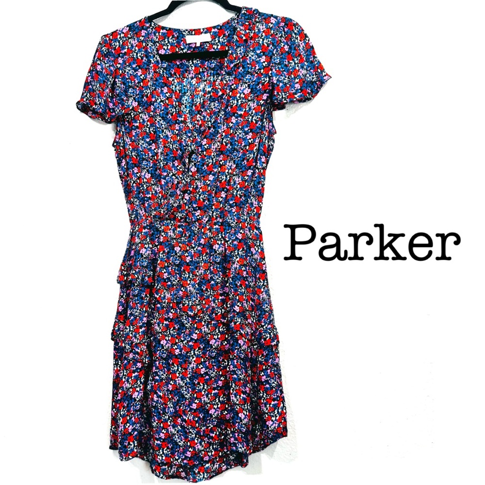Parker Red and Blue Ruffle Cap Sleeves Floral Dress Size XSMALL